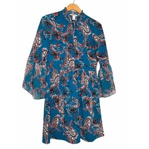 White House Black Market Blue Paisley Mock Neck With Tie Dress Size Small